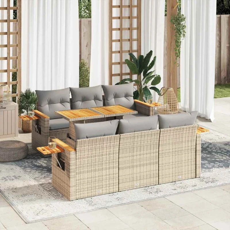 vidaXL 7-delssofasæt med hynder, polyrattan akacietræ, beige
