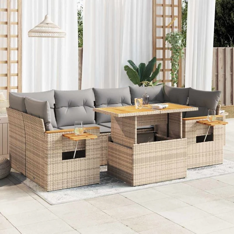 vidaXL 7-delssofasæt med hynder, polyrattan, akacietræ, beige