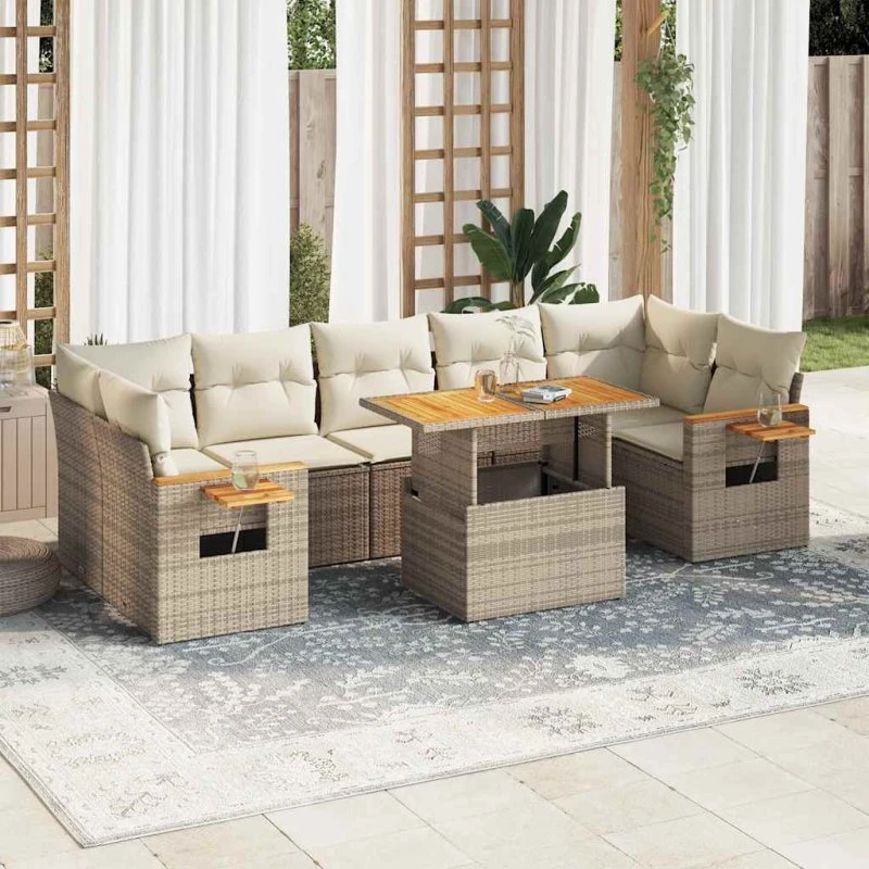 vidaXL 8-delssofasæt med hynder, polyrattan akacietræ, beige