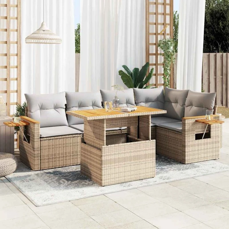 vidaXL 6-deles havesofasæt med hynder i polyrattan, beige