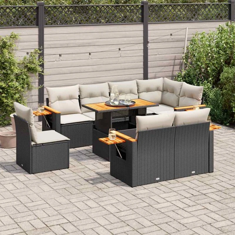 vidaXL 9-deles havesofasæt med hynder, polyrattan og akacietræ, sort