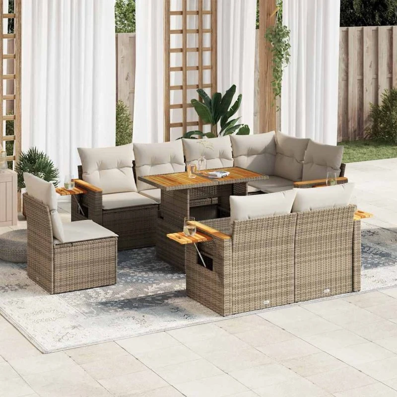 vidaXL 9-deles havesofasæt med hynder, polyrattan og akacietræ, beige