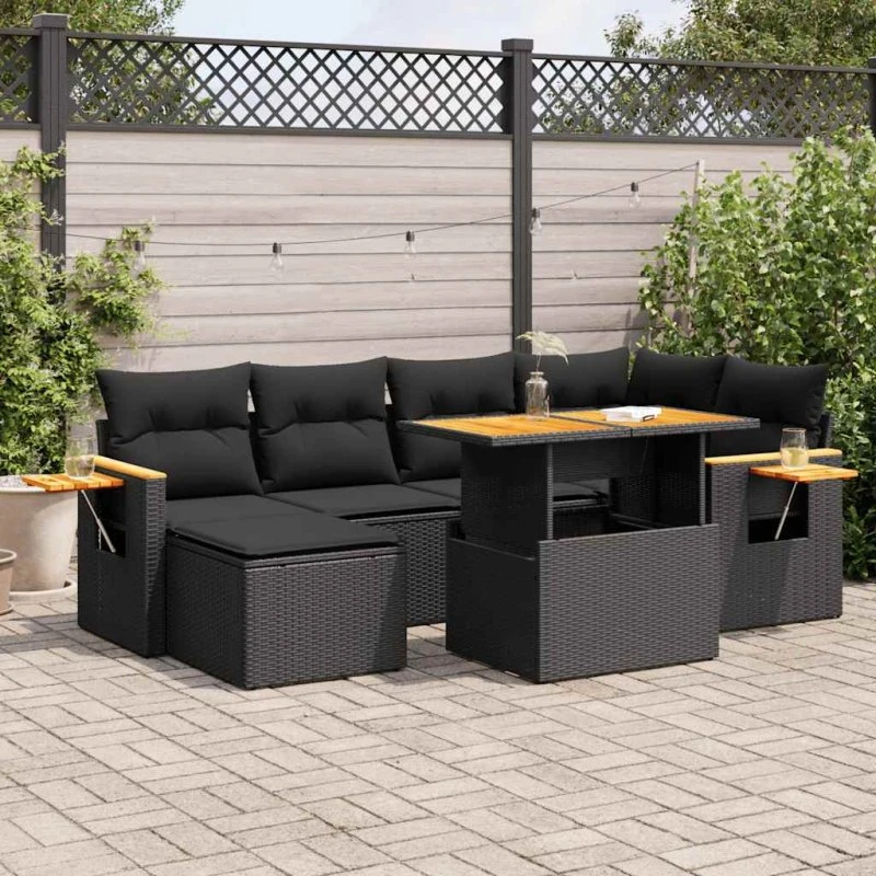 vidaXL 7-deles havesofasæt med hynder, polyrattan sort