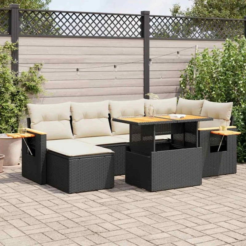 vidaXL 7-deles havesofasæt med hynder, polyrattan, sort