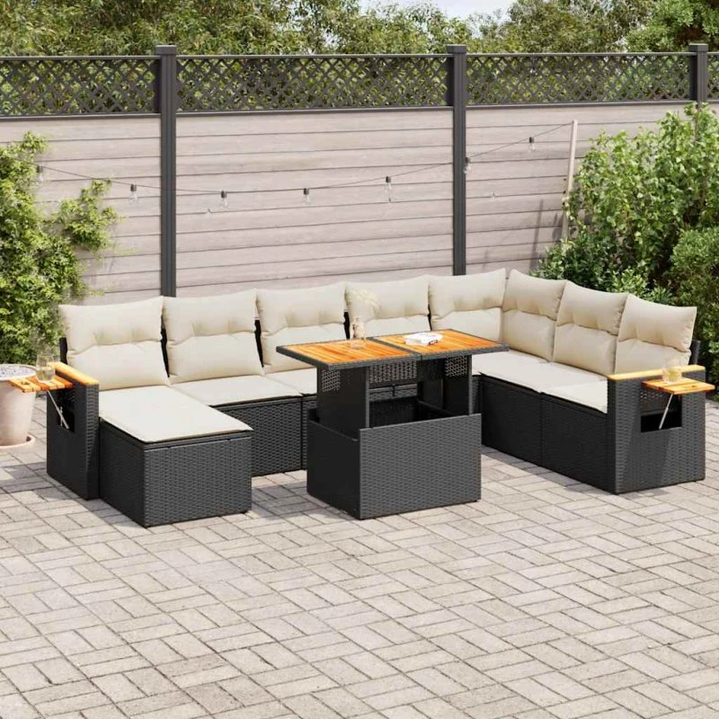 vidaXL 9-deles polyrattan havesofasæt med hynder, sort