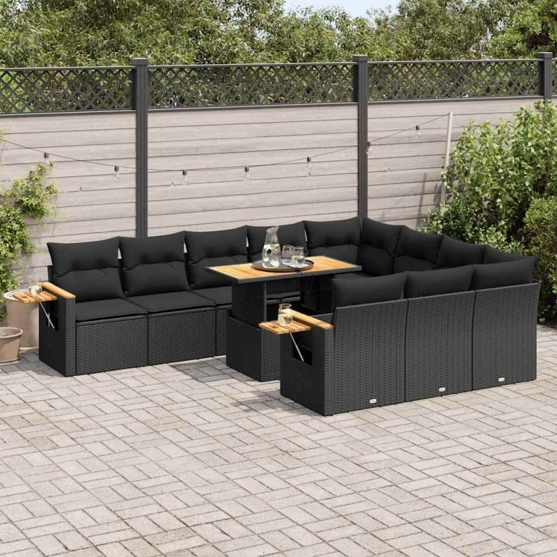 vidaXL 11-delers havemøbelsæt med polyrattan og akacietræ, sort