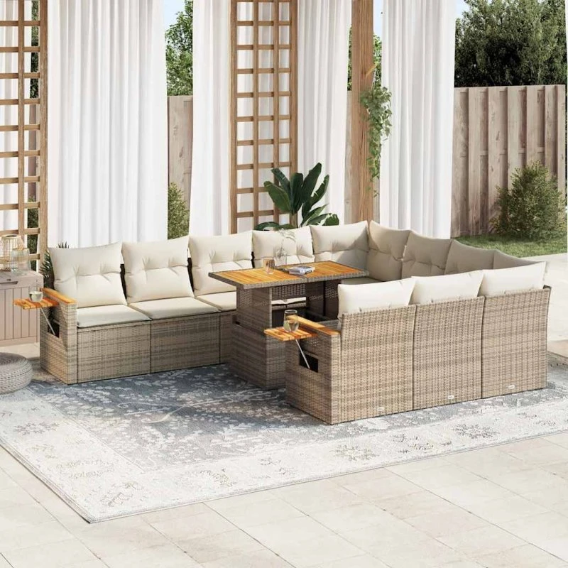 vidaXL 11-delers havemøbelsæt med polyrattan og akacietræ, beige