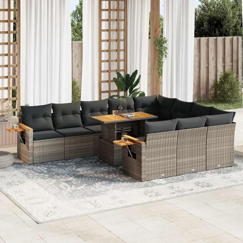 vidaXL 11-delers loungesæt med hynder i polyrattan og akacietræ, grå