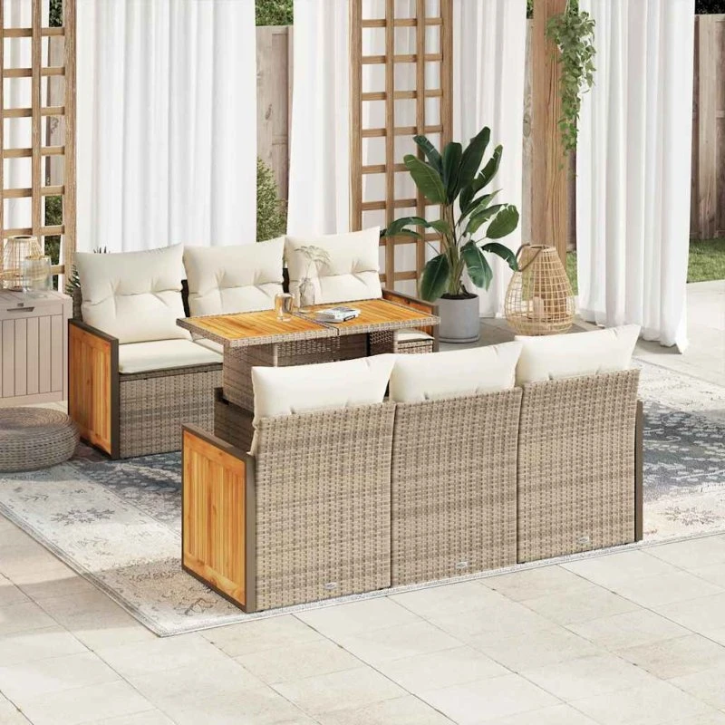 vidaXL 7-delssofasæt med hynder, polyrattan akacietræ, beige