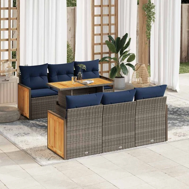 vidaXL 7-deles havesofa med hynder i polyrattan og akacietræ, grå