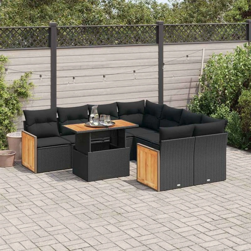 vidaXL 9-deligt polyrattan havesofasæt med hynder, sort