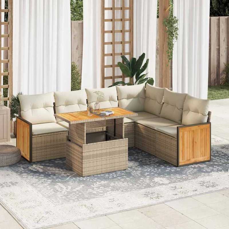 vidaXL 7-deles havemøbelssæt med hynder i polyrattan, beige