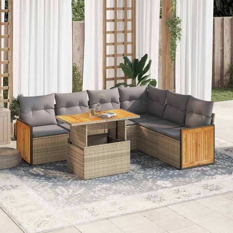 vidaXL 7-delssofasæt med hynder, polyrattan, akacietræ, beige