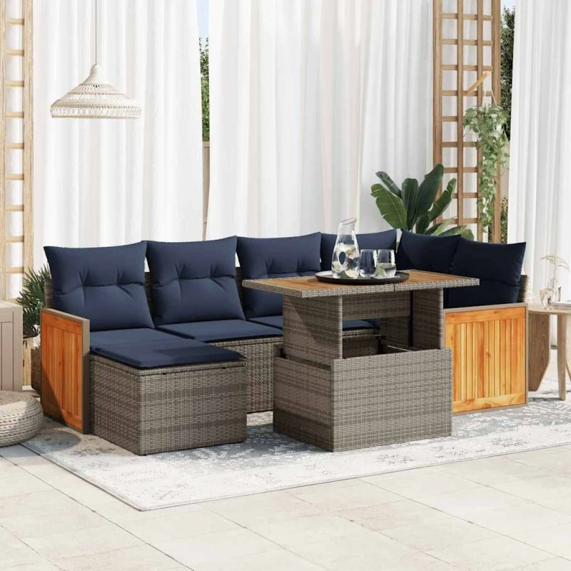 vidaXL 7-deles sofasæt med hynder i polyrattan, sort
