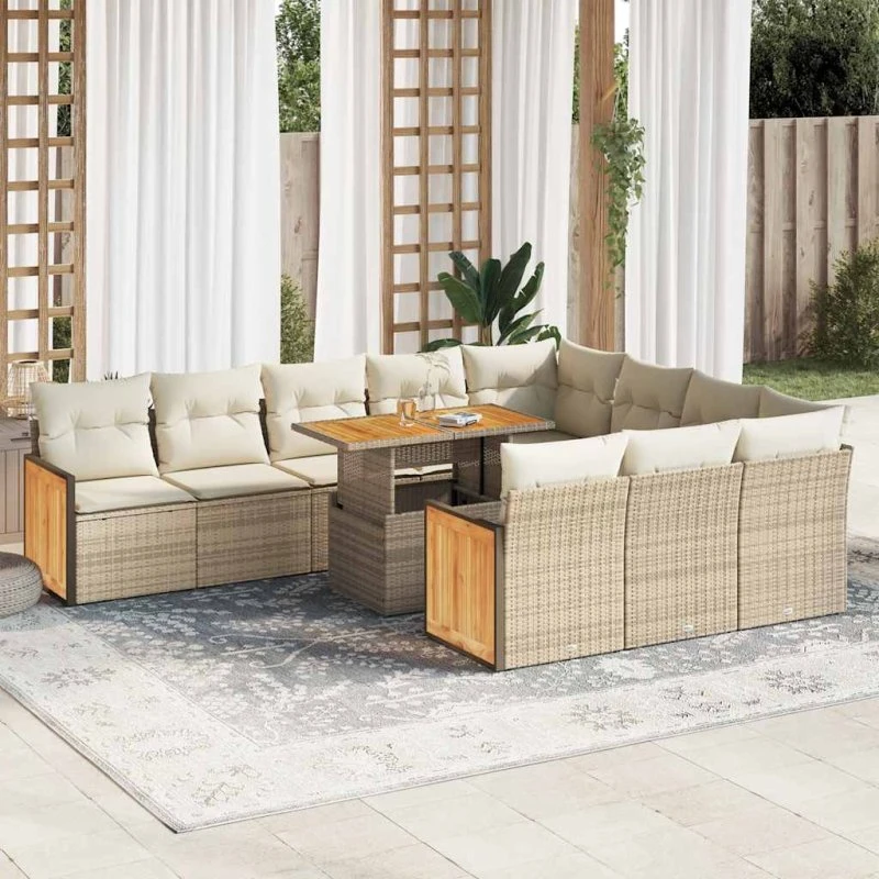vidaXL 11-deles havemøbelssæt med polyrattan og akacietræ, beige