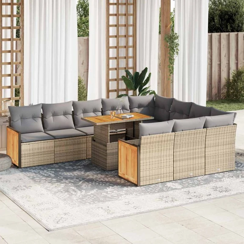 vidaXL 11-deles havemøbelsæt med polyrattan og akacietræ, beige