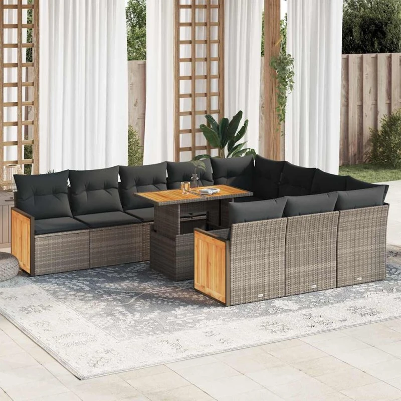 vidaXL 11-deles loungesæt med hynder, polyrattan akacietræ grå