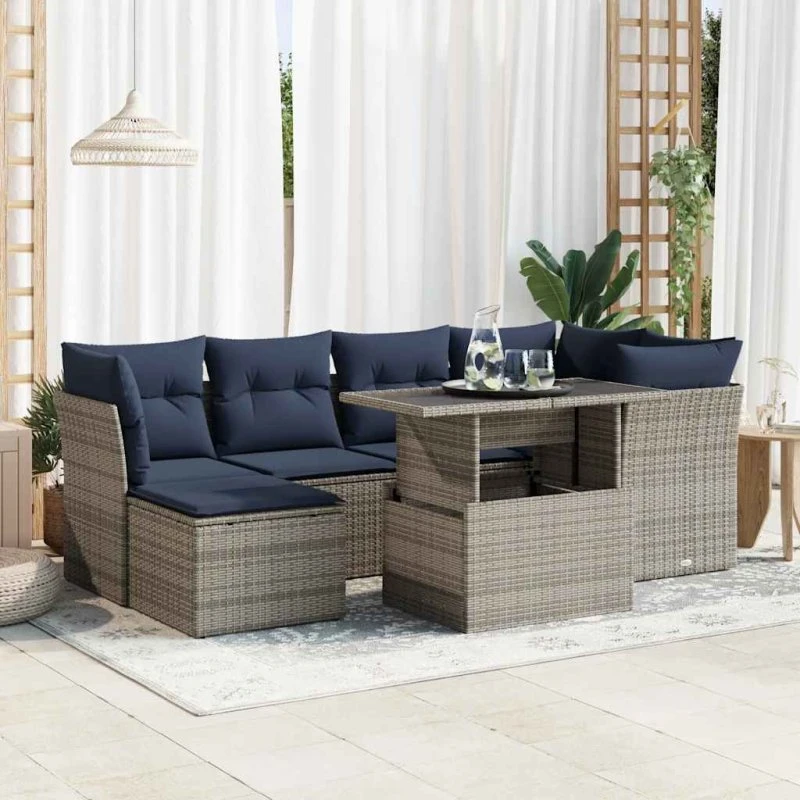 vidaXL 7-delers havesofa med hynder i polyrattan og akacietræ, grå