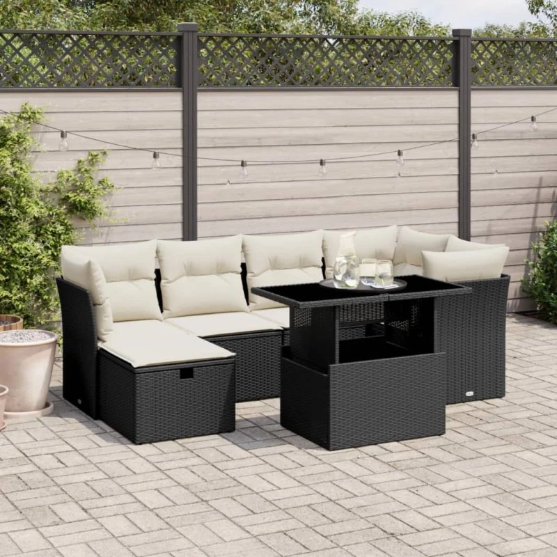 Sofa 7 dele med opbevaring, sort/lysegrå, polyrattan