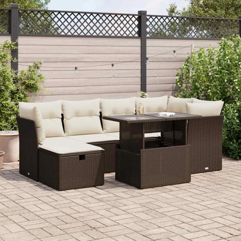 vidaXL 7-delssofasæt med hynder, polyrattan brun