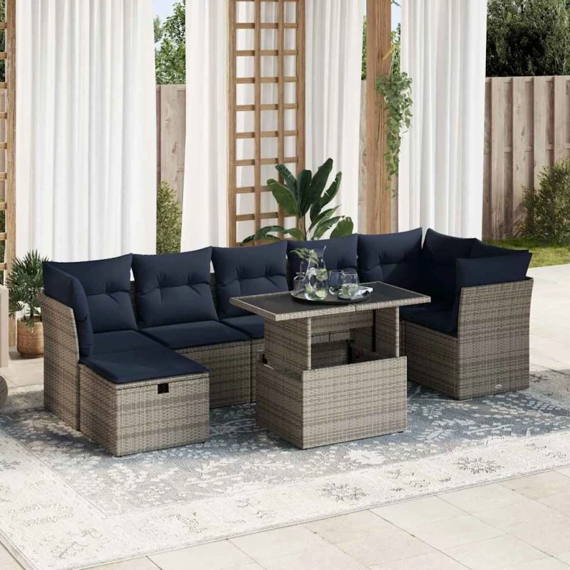 vidaXL 8-deles havesofasæt med hynder i polyrattan og akacietræ, grå