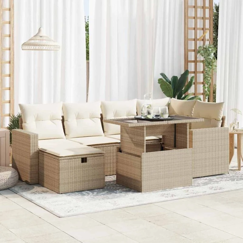 vidaXL 7-deles polyrattan sofasæt med hynder, beige