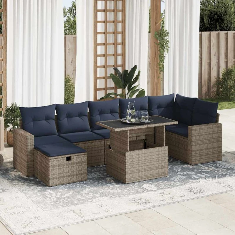 vidaXL 8-deligt sofasæt med hynder i polyrattan og akacietræ, grå