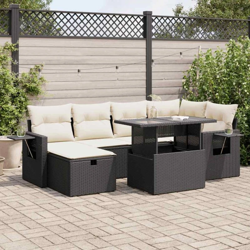 vidaXL 7-delssofasæt med hynder i polyrattan, sort
