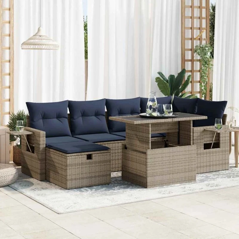 vidaXL 7-deles havesofasæt med hynder i polyrattan og akacietræ, grå