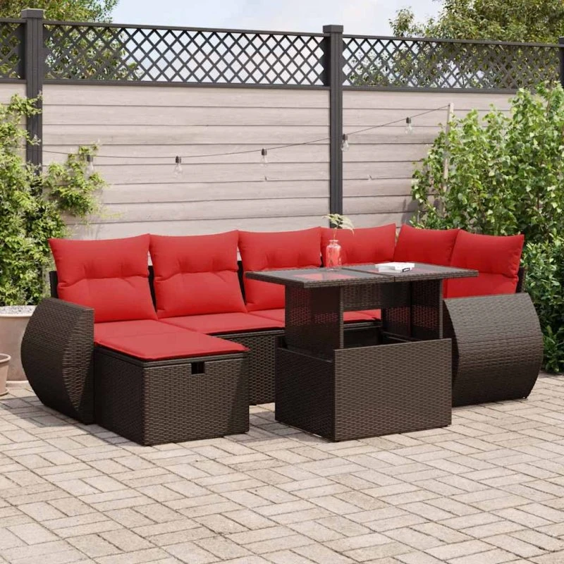 vidaXL 7-delssofasæt med hynder polyrattan brun