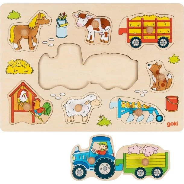 Lift-Out Traktor med trailere - træknoppuslespil 9 brikker (30x21 cm)