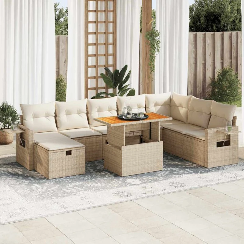vidaXL 9-deligt havesofasæt med hynder i polyrattan, beige