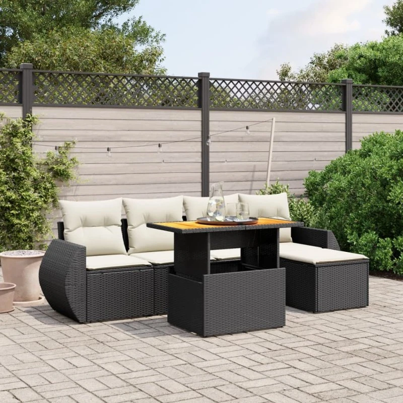 Sofasæt Til Haven 6 Dele Med Hynder Polyrattan Sort-Beige-Grå Med Opbevaring