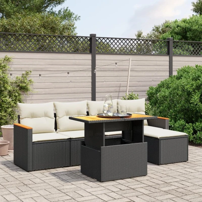 Sofasæt Til Haven 6 Dele Med Hynder Polyrattan Sort-Beige-Grå med Opbevaring