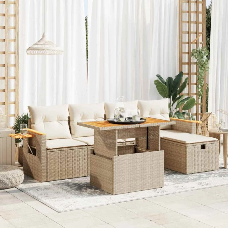 vidaXL 6-deles polyrattan sofasæt med hynder, beige