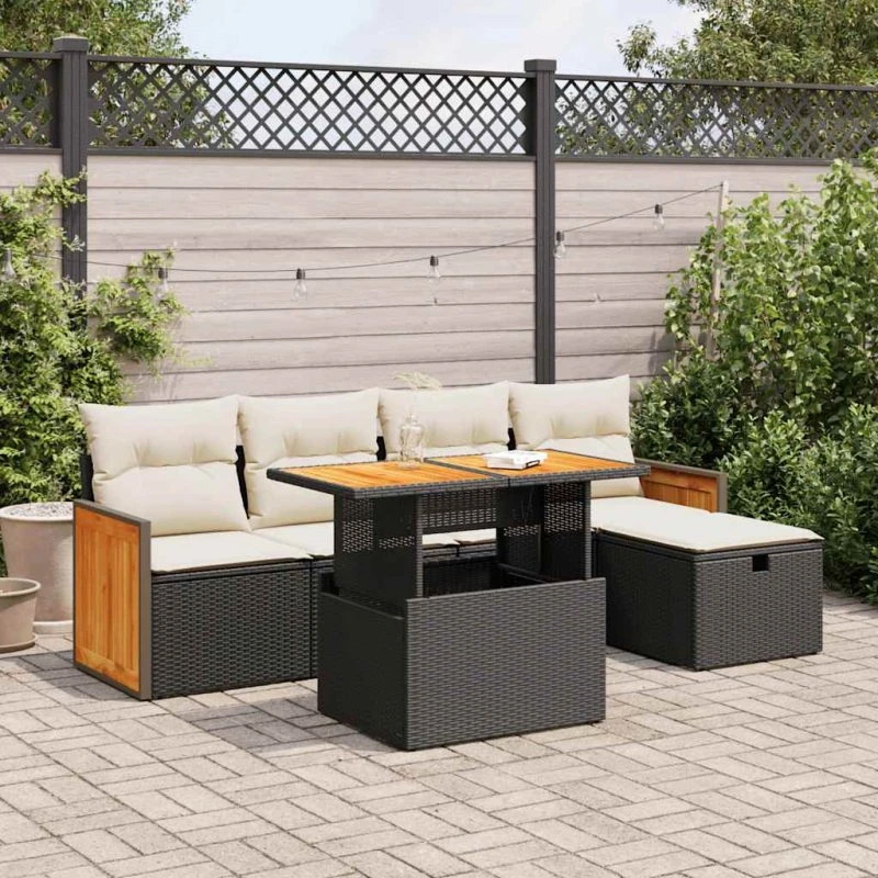 vidaXL 6-deles havesofasæt med hynder, polyrattan sort