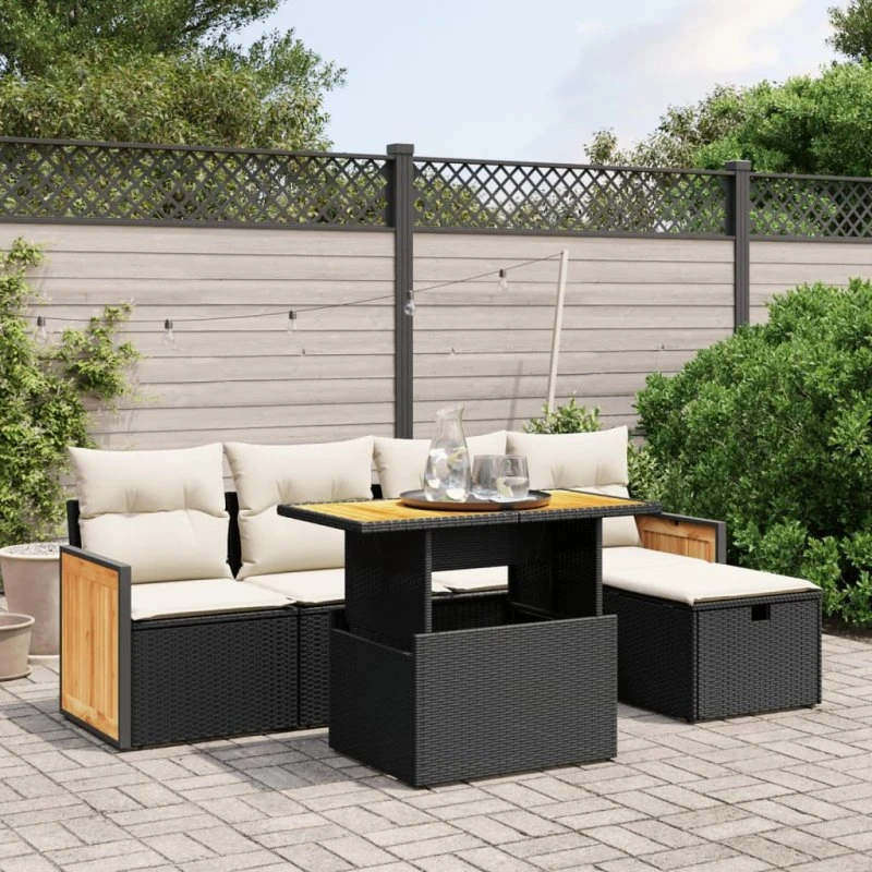 Sofasæt Til Haven 6 Dele Med Hynder Polyrattan Sort - Beige og Grå / Med Opbevaring