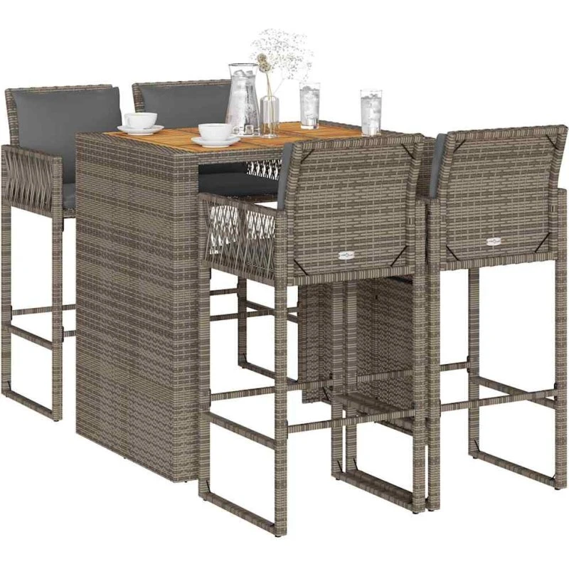 vidaXL Barsæt 5 dele med hynder, polyrattan akacietræ, grå, 105 cm