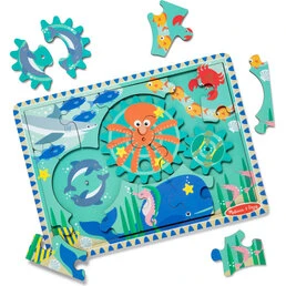 Puslespil m. gear 18 brikker - Havdyr (35,5x24 cm, 3-5 år)