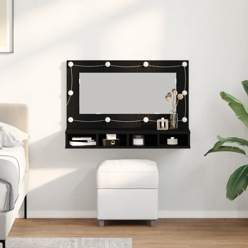 vidaXL Spejlskab med Hylde 90 x 31,5 x 62 cm Sort Eg Konstrueret Træ