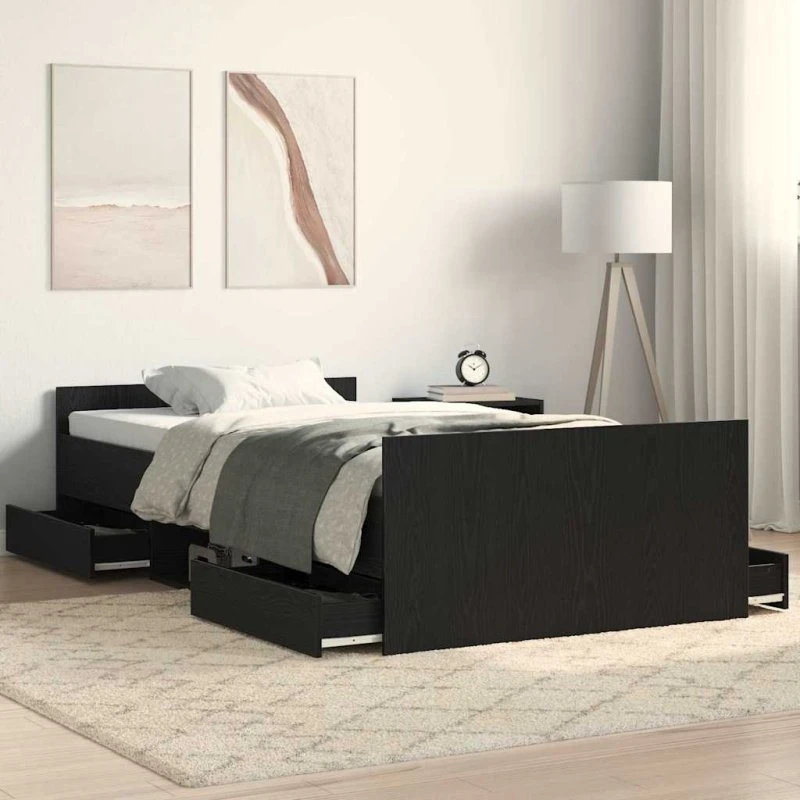 vidaXL Sengestel med Skuffe Sort Eg 193 x 93 x 50 cm Konstrueret Træ
