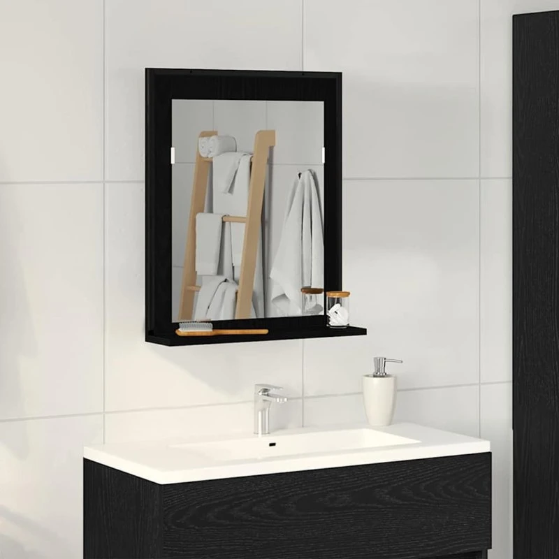 vidaXL Spejl med Hylde, Sort, 50 x 12 x 60 cm, Ingeniørtræ og Glas
