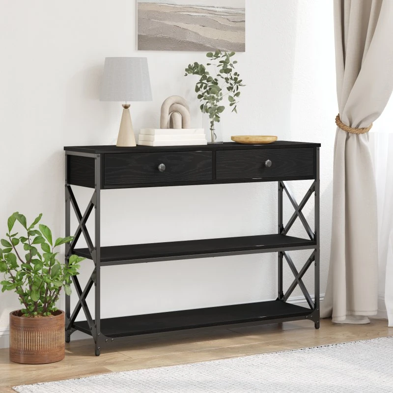 vidaXL Konsolbord Sort Eg 100 x 28 x 75 cm Laminat Træ og Metal