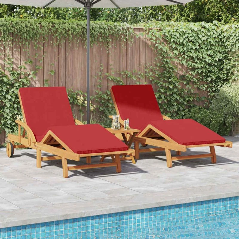 vidaXL Solstol 3 stk Rød 200 x 67 x 84 cm Massivt Akacietræ med Pude