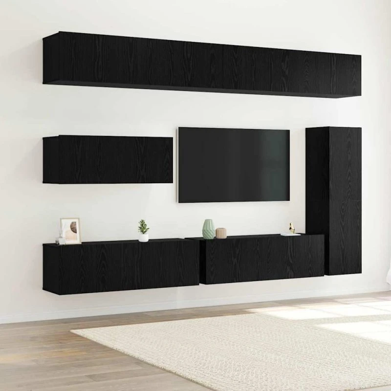 vidaXL TV-møbelsæt 7 stk, vægmonteret, sort eg, 30,5 x 30 x 110 cm