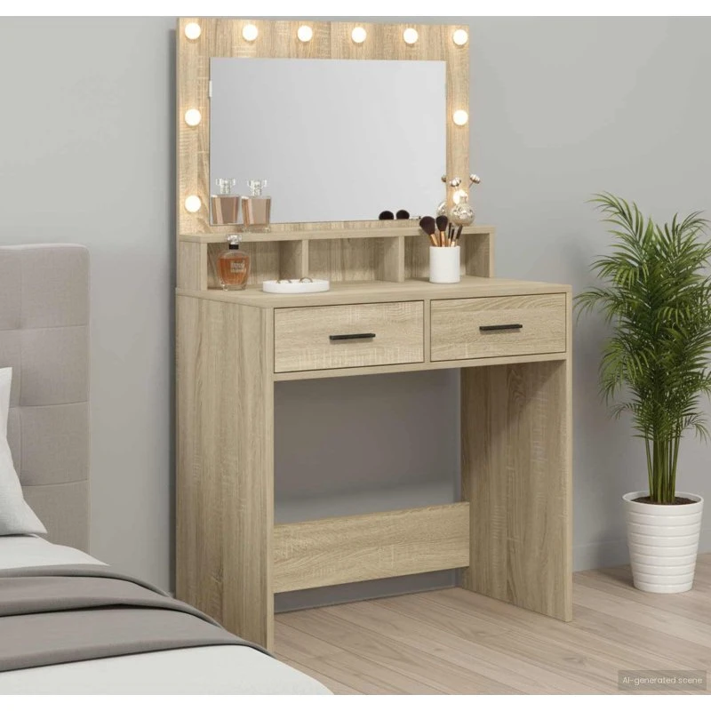 vidaXL Makeupbord med hylde Sonoma-eg 79 x 41 x 135 cm Konstrueret træ