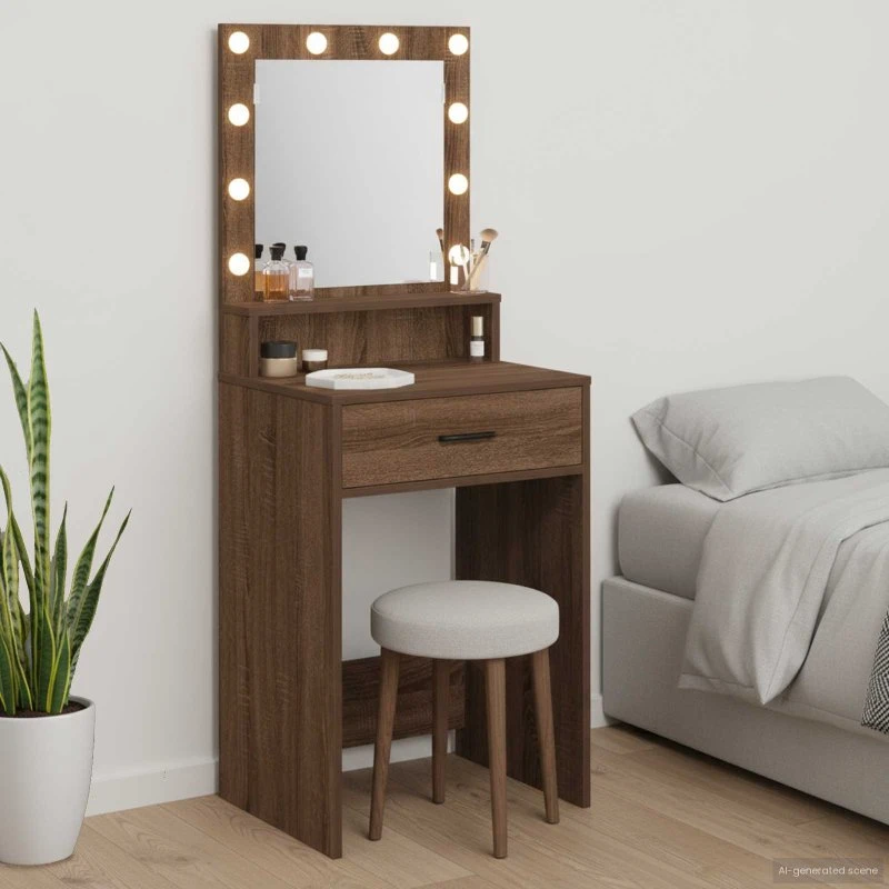 vidaXL Makeupbord med spejl og LED-belysning, brun eg, 50 x 41 x 135 cm