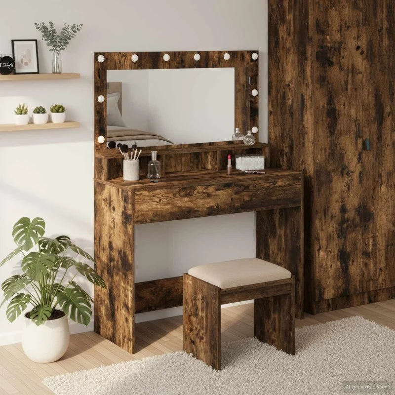 vidaXL Makeupbord med hylde, røget eg, 100 x 41 x 135 cm, konstrueret træ