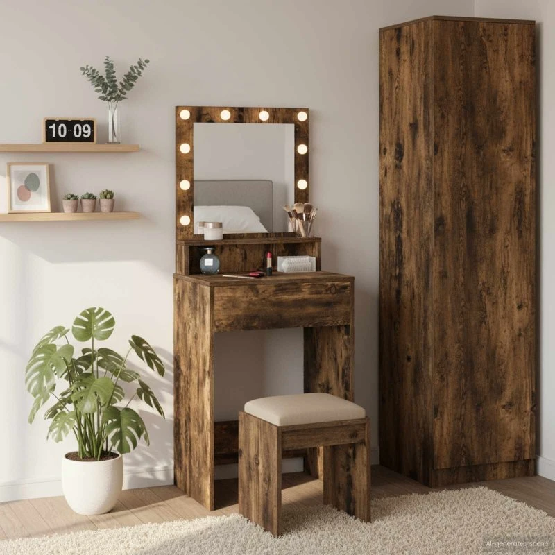 vidaXL Makeupbord med hylde, røget eg, 50 x 41 x 135 cm, konstrueret træ