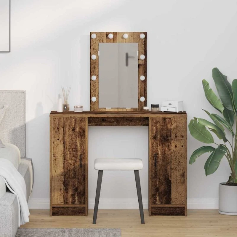 vidaXL Klædeskab med spejllys, Brun, 102 x 33 x 135 cm, Konstrueret træ
